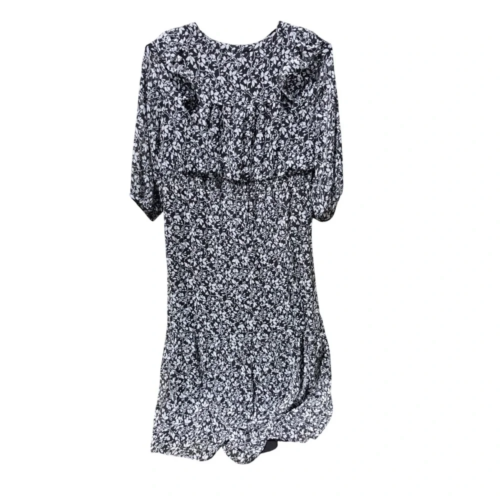 LOFT Black White Floral Ruffle Midi Dress 3/4 Sleeve Large